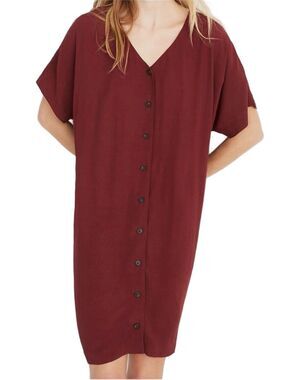 Madewell Button-Front V-Neck Shift Dress in Burgundy Easy Dress L